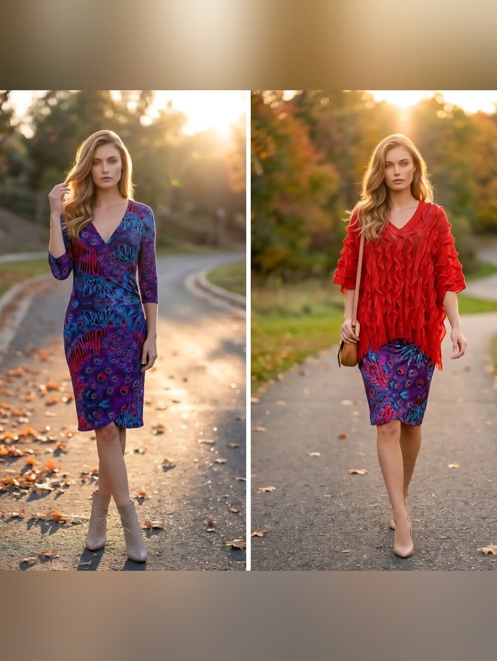 🪸 💜 OUTFIT Emma & Michelle Peacock Coral Purple Wrap Dress W Cover Top M/L